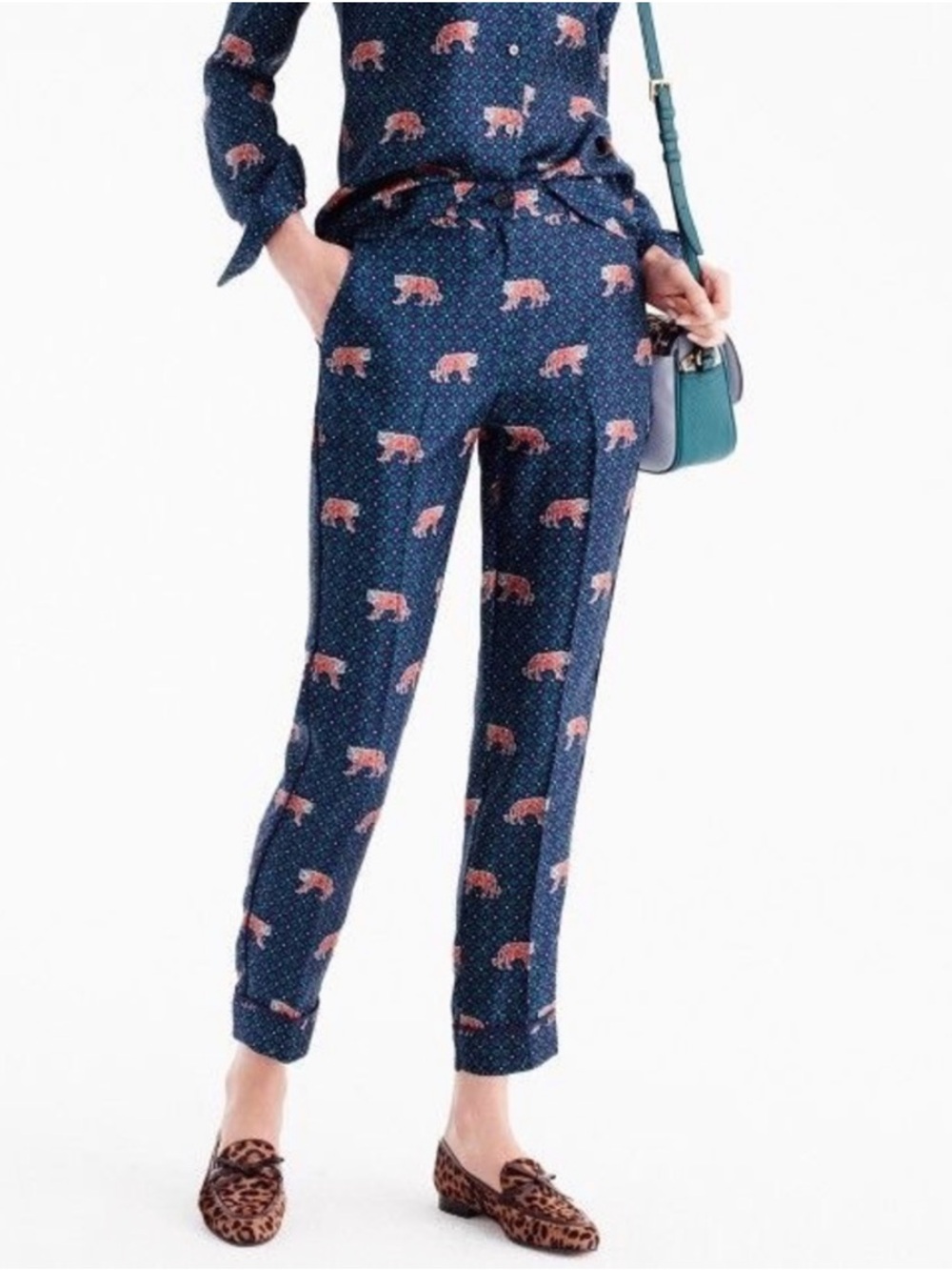 J. Crew Pure Silk Navy and Emerald Cropped Tiger Print Tapered Pants